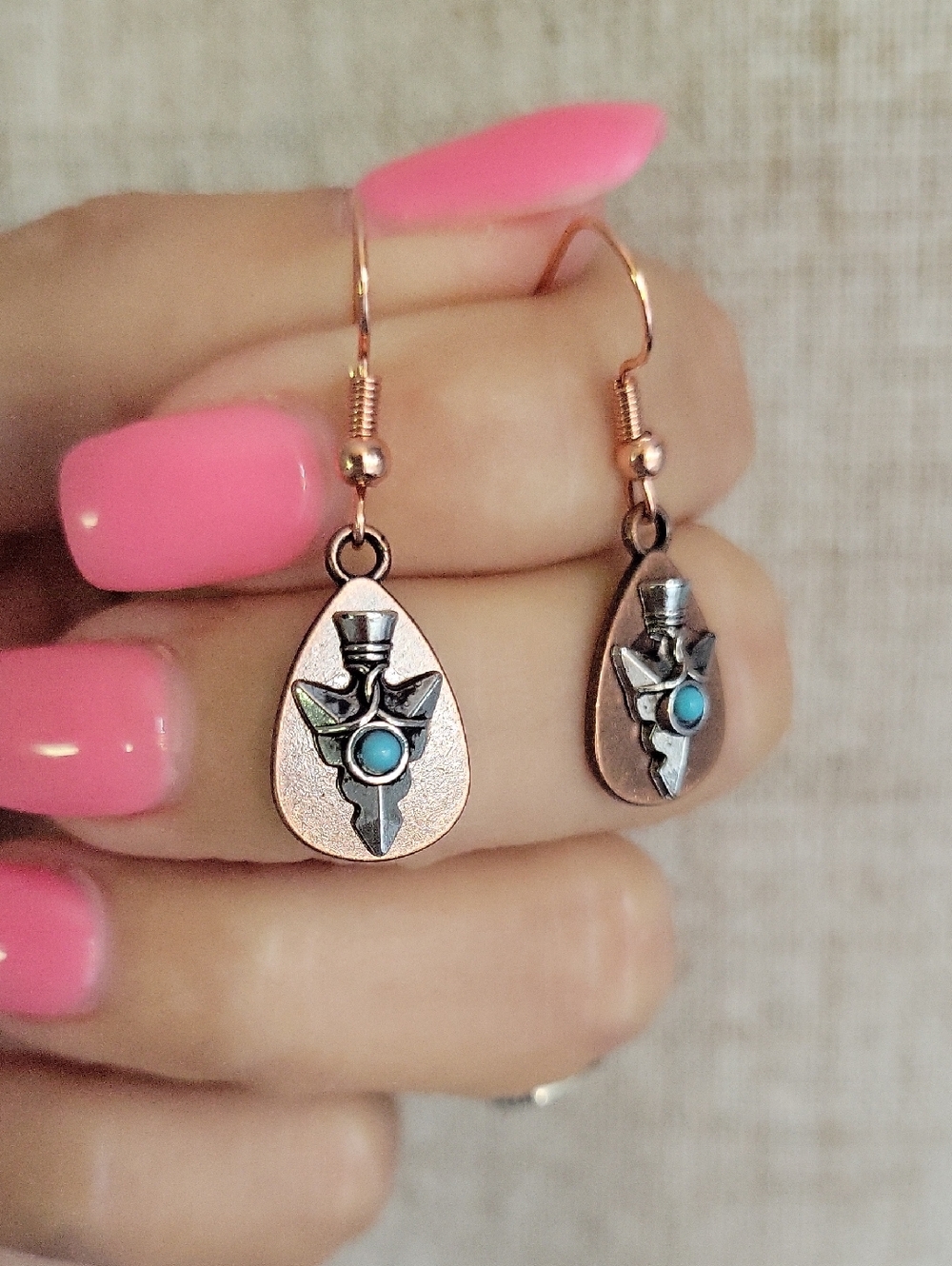 Copper Southwestern Arrowhead Teardrop Earrings with Turquoise Accent